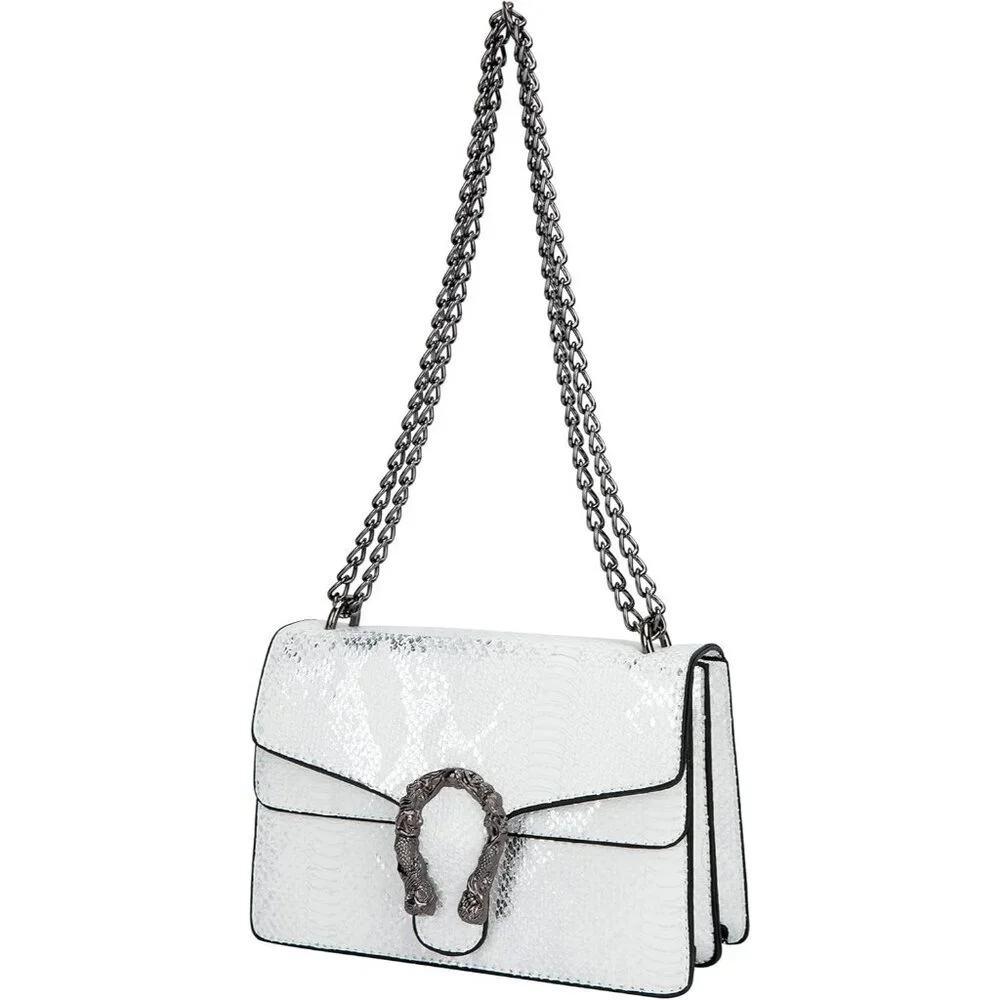 ⚡ Women's White Leather Vintage Snake Print Crossbody Square Satchel Handbag